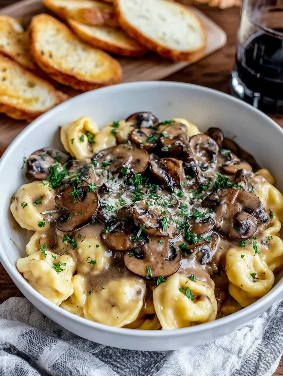Ein weißer Teller mit einer Mischung aus Pasta, Mushrooms und Zwiebeln.