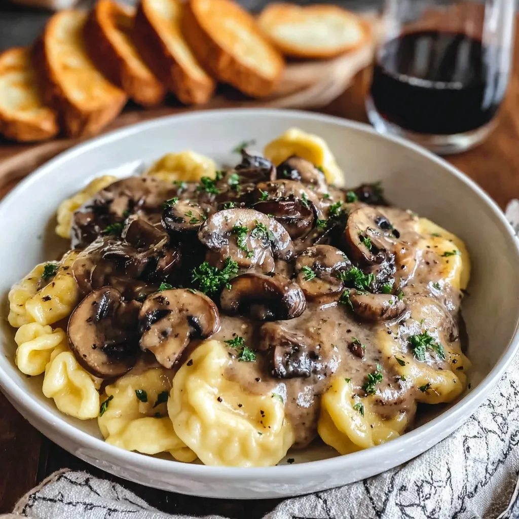 Ein weißer Teller mit Mushrooms und Pasta.