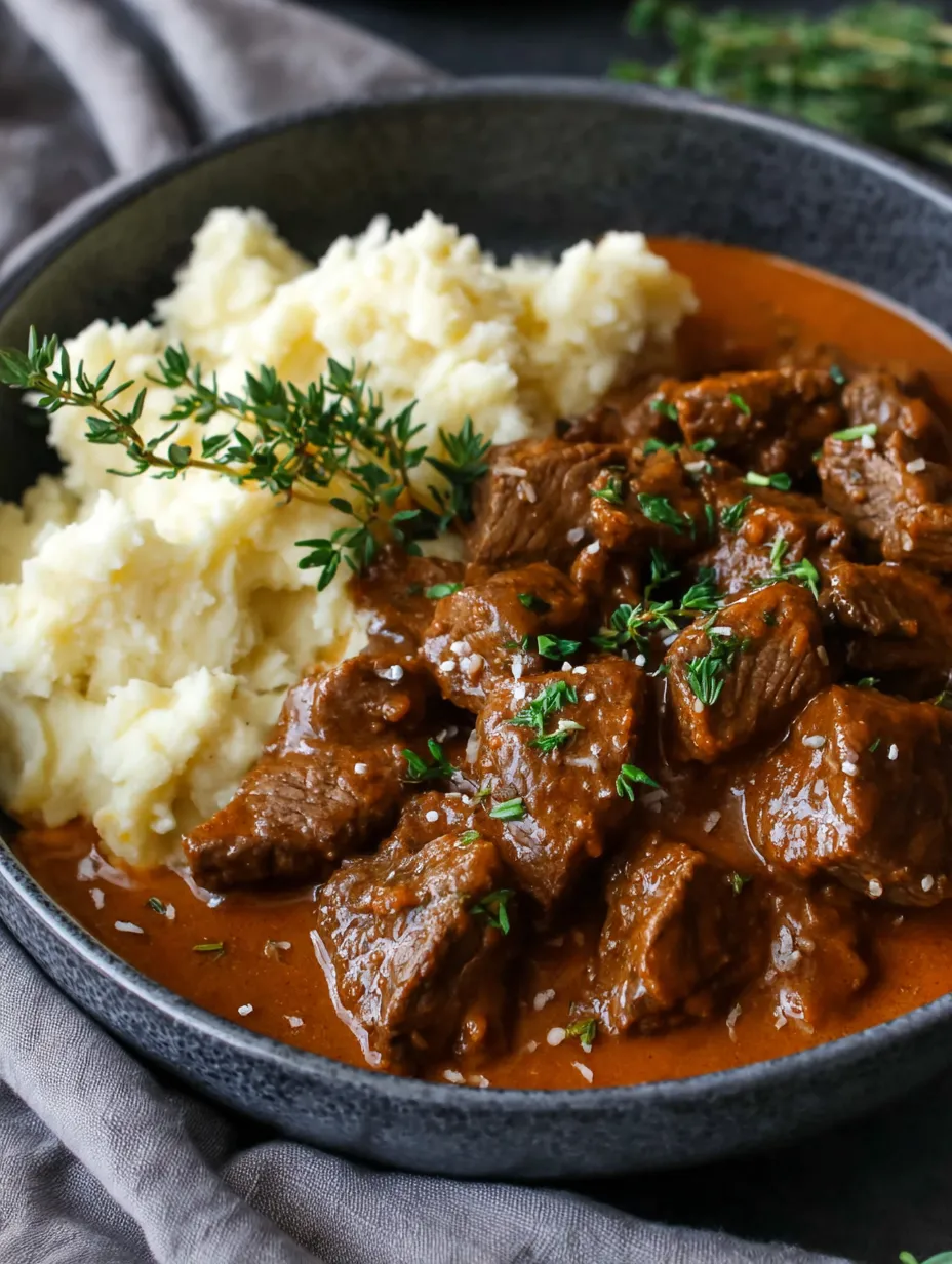 Ein Schüssel mit Kartoffeln, Rindfleisch und Kräutern.
