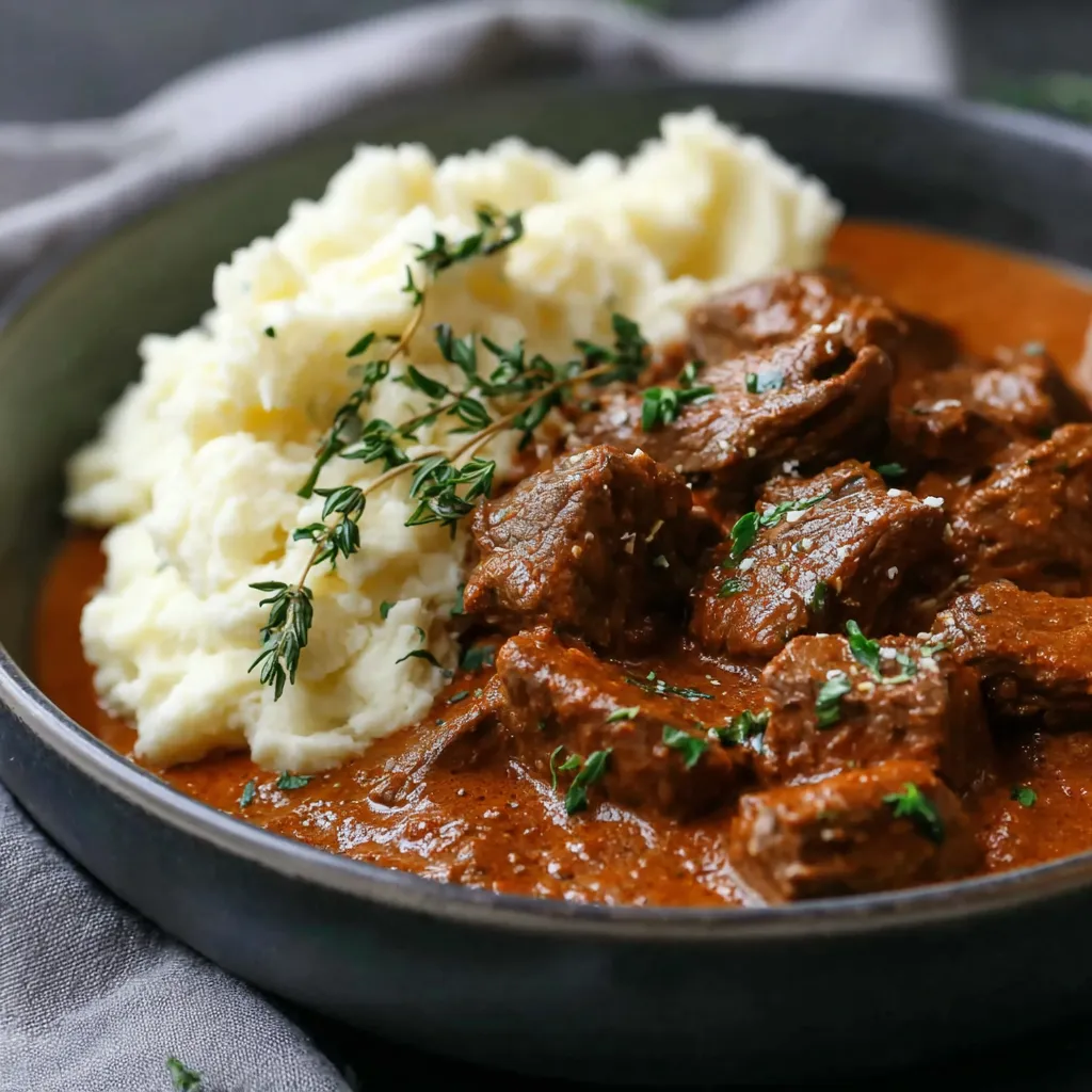 Ein Schüssel mit Kartoffeln, Rindfleisch und Zwiebeln.