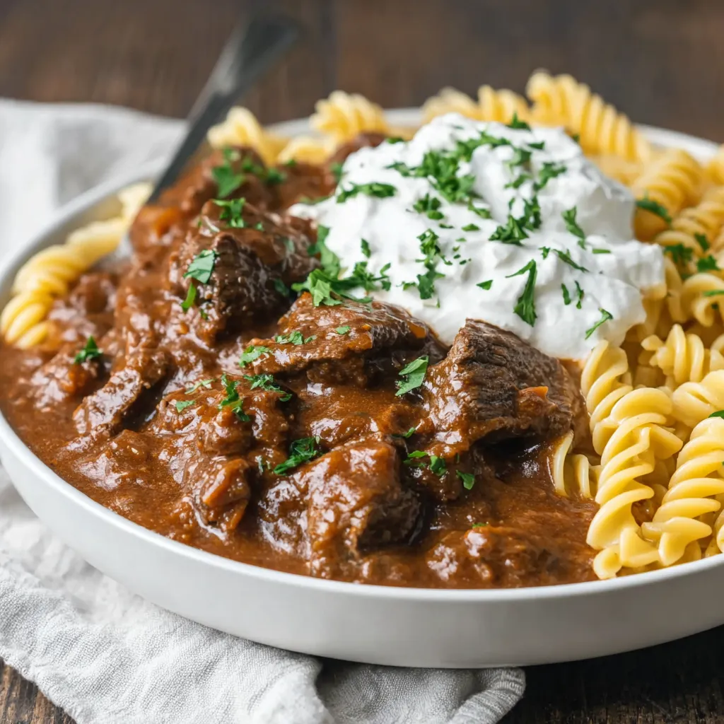 Ein weißer Teller mit einer Mischung aus Pasta, Käse und Fleisch.