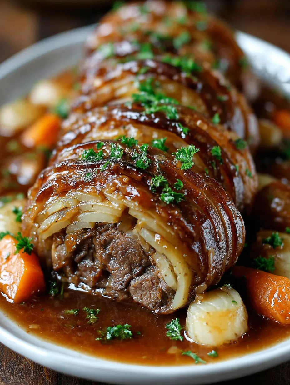 Ein Stück Fleisch in einem Bündel, das mit Zwiebeln und Knoblauch garniert ist.