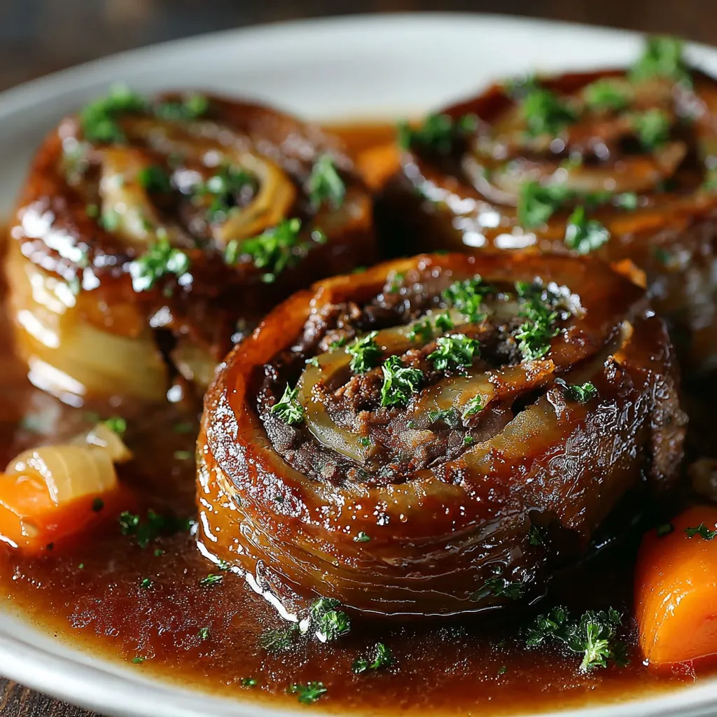 Ein weißer Teller mit einer Mischung aus Fleisch, Zwiebeln und Karotten.