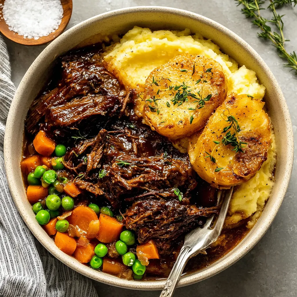 Ein Schüssel mit gegrilltem Fleisch, Kartoffeln, Peas, Potatoes, Carrots, und Kartoffeln.
