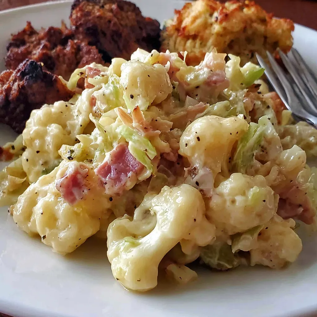 Ein weißer Teller mit einer Mischung aus Kartoffeln, Zwiebeln, Bacon und Käse.