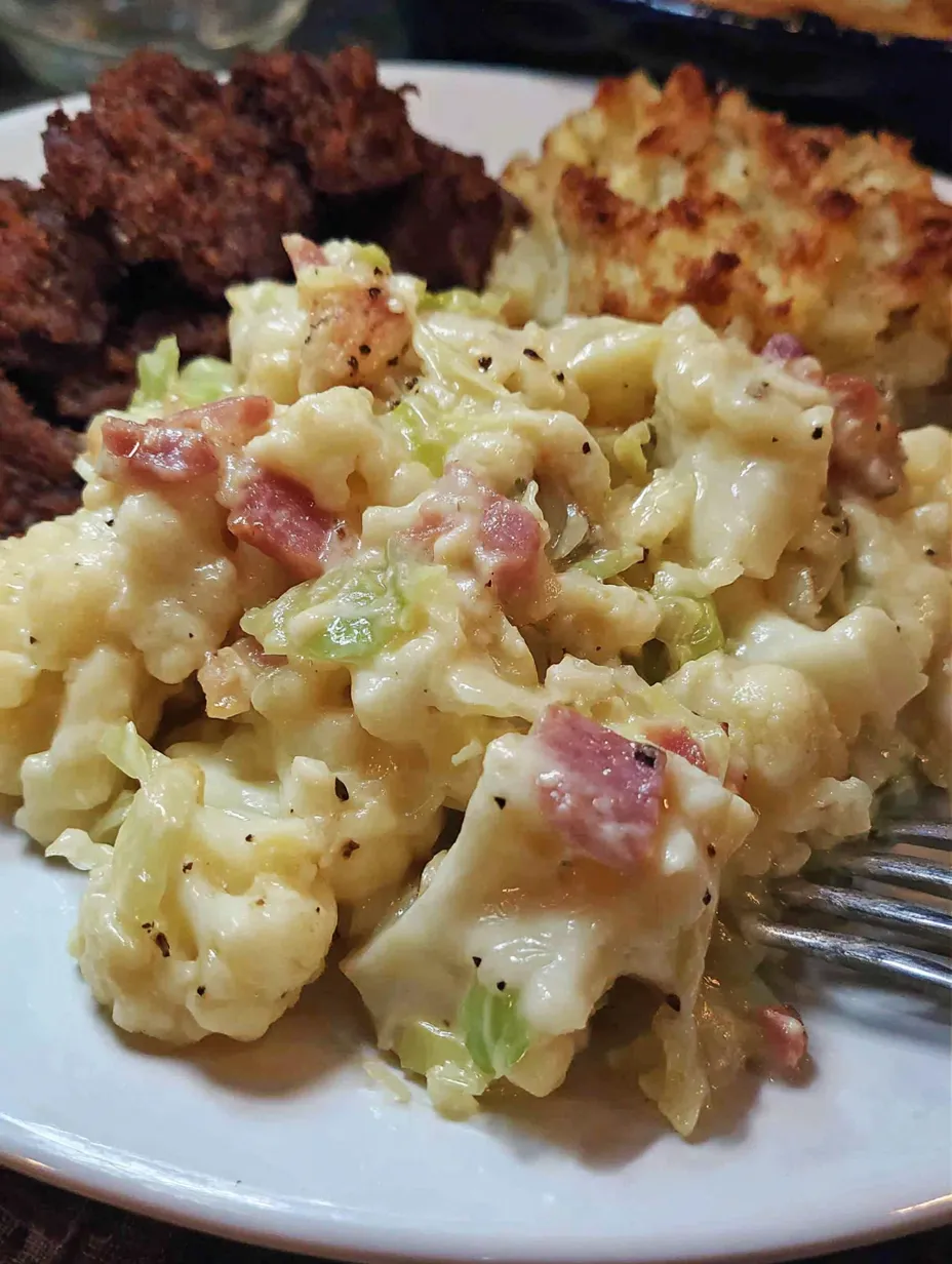 Eine Platte mit Pasta, Bacon und Zwiebeln.