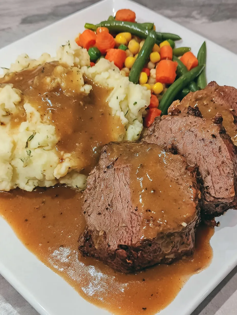 Eine Platte mit Steak, Kartoffeln, Karotten und Zwiebeln.