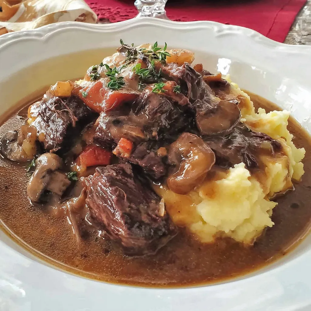Ein weißes Plateau mit einer Mischung aus Fleisch, Mushrooms und Kartoffeln.