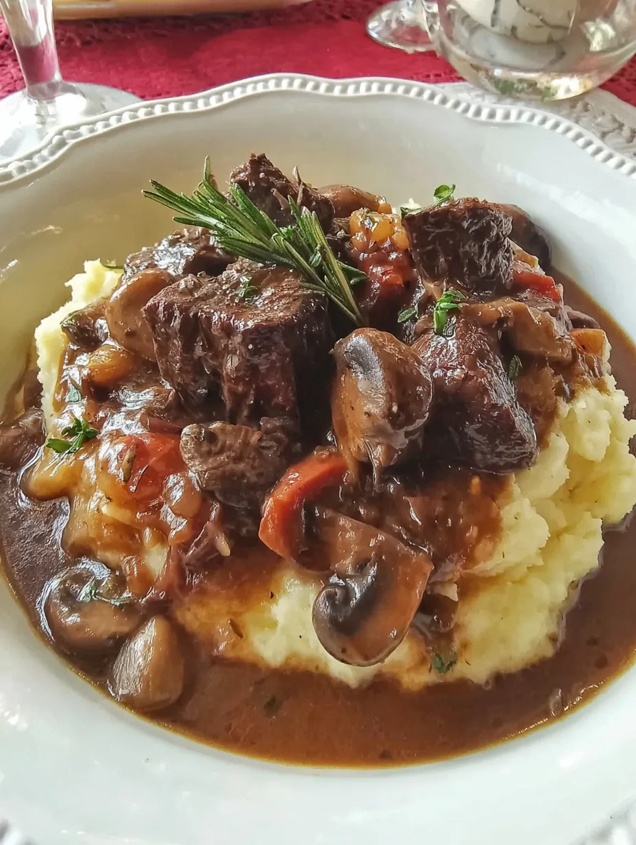 Ein weißer Teller mit einer Mischung aus Fleisch, Mushrooms, Potatoes und Zwiebeln.