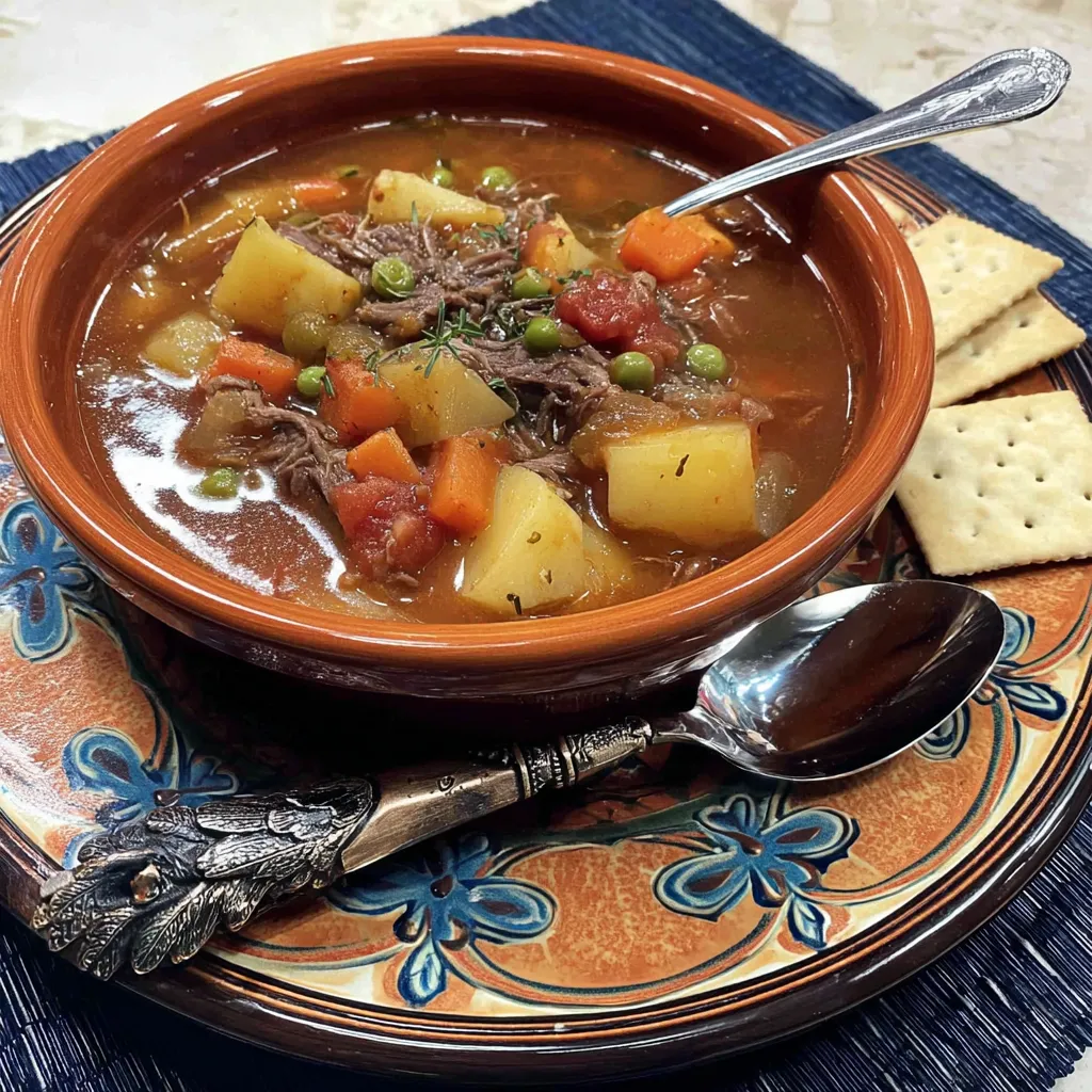 Ein Schalen mit einer Mischung aus Kartoffeln, Karotten, Kichererbsen und Fleisch.