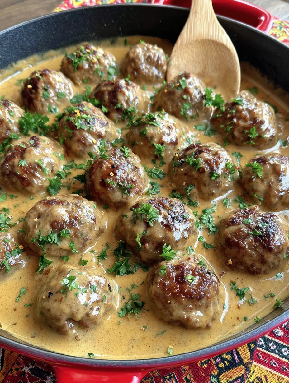 Eine Schüssel mit köstlichen Meatballs, die in einer cremigen Sauce serviert werden.