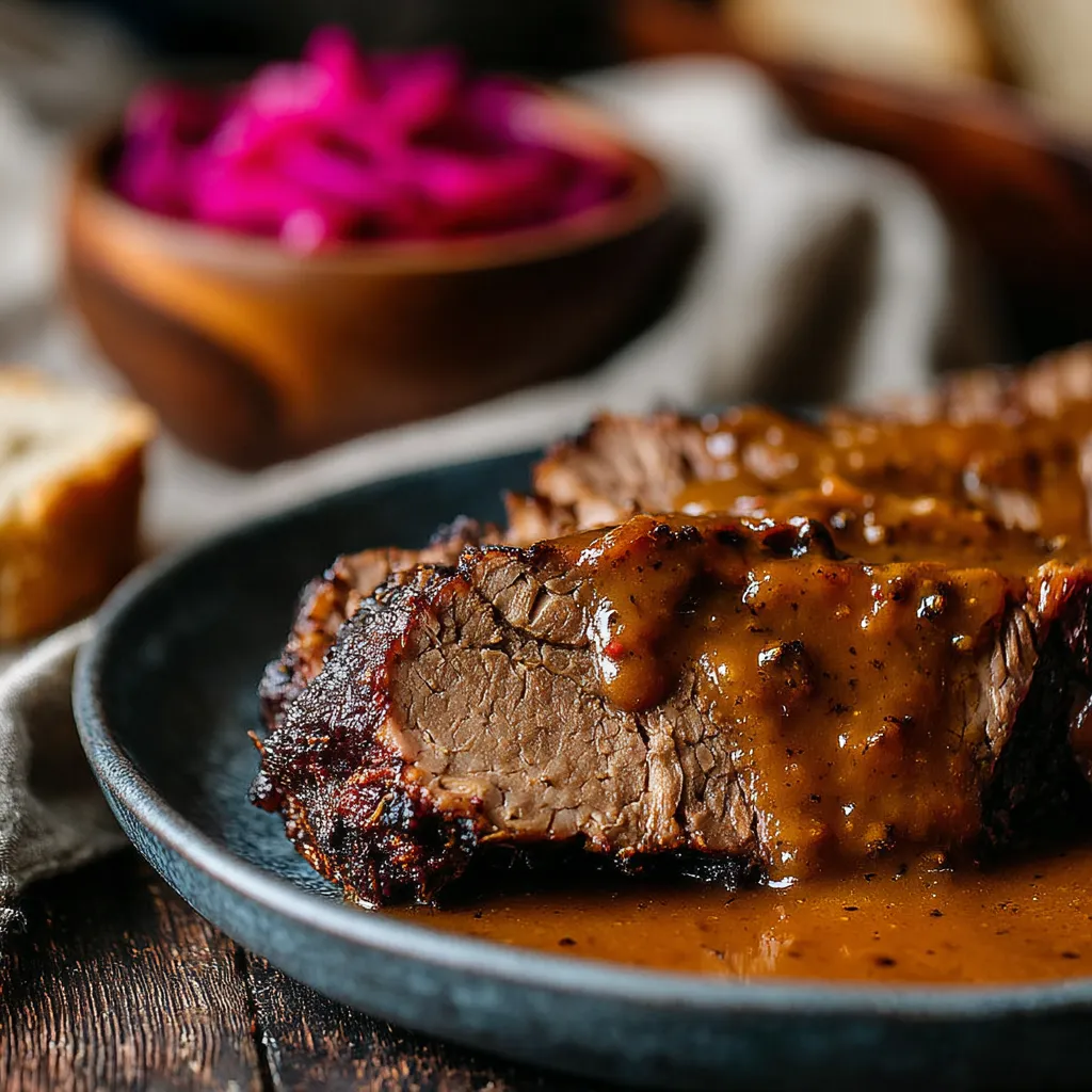 Ein Teller mit Steak und Sauce auf einem Tisch.