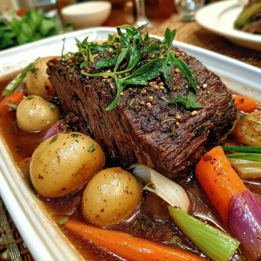 Ein Schmorbraten mit vielen Zwiebeln und Gewürzen auf einem Teller.