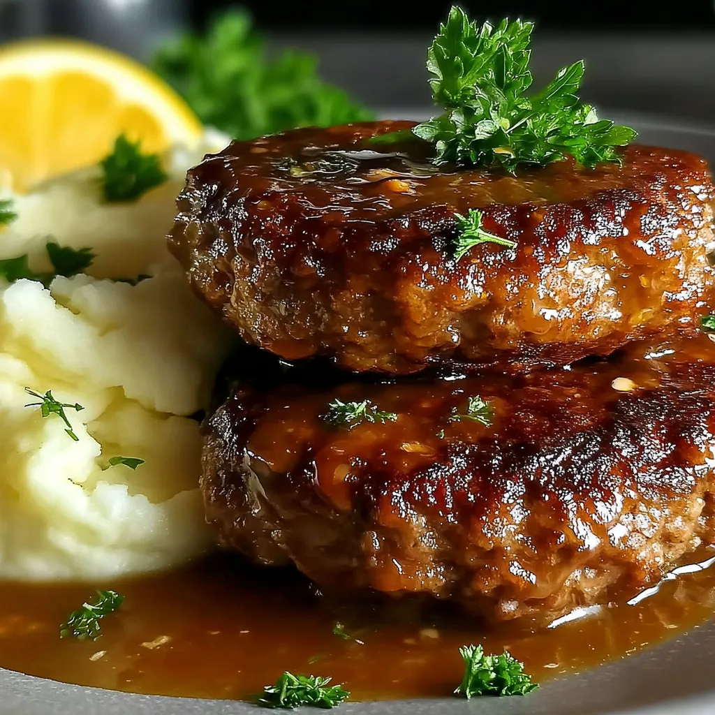 Eine Platte mit zwei Portionen von Steak mit Sauce und garniert mit Zwiebeln.