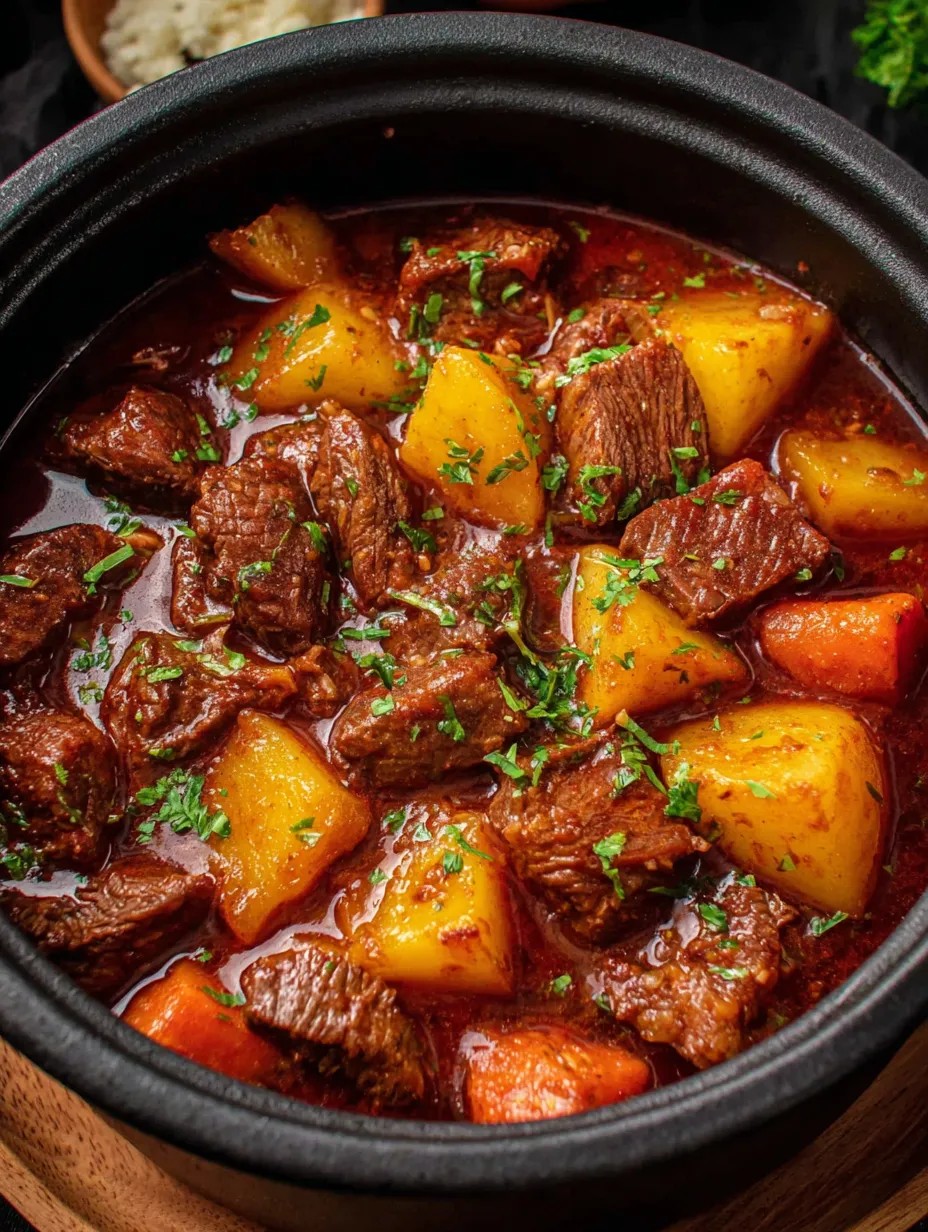 Ein Topf mit einer Mischung aus Fleisch, Zwiebeln und Karotten.