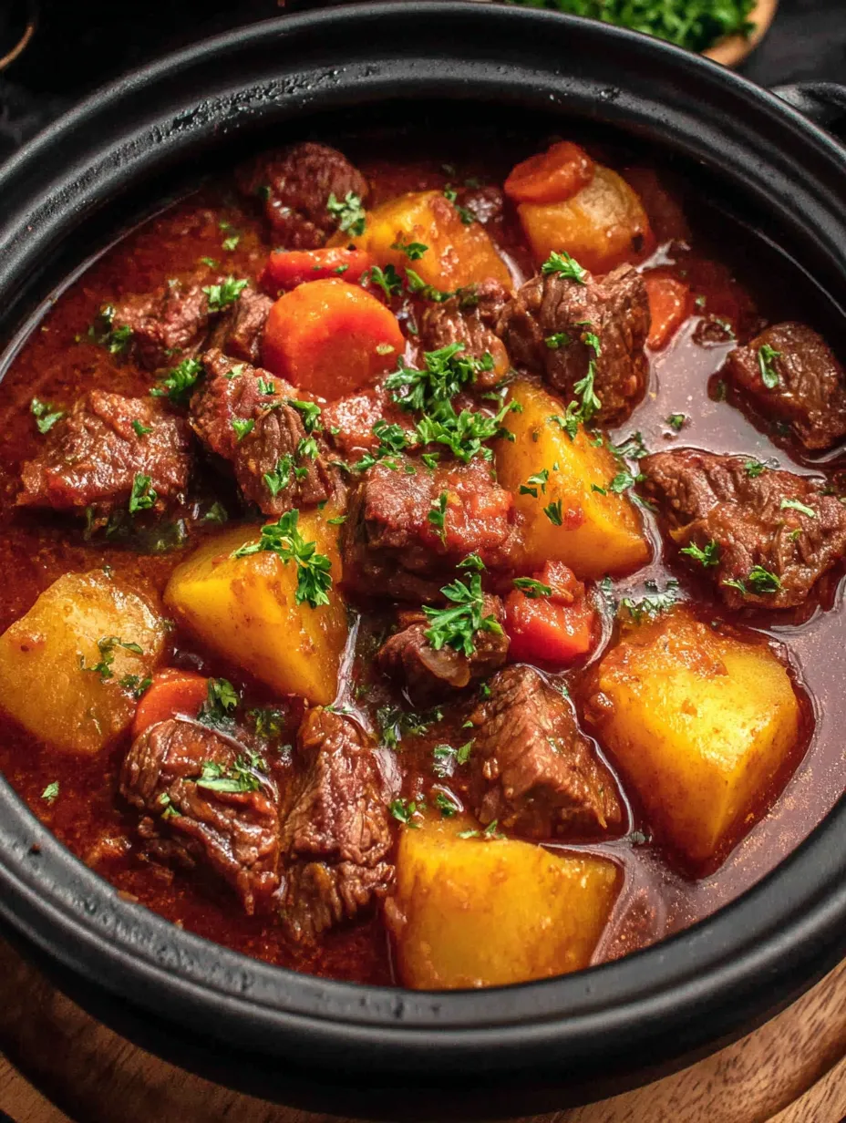 Ein schwarzes Kochgeschirr mit einer Mischung aus Fleisch, Gemüse und Gewürzen.