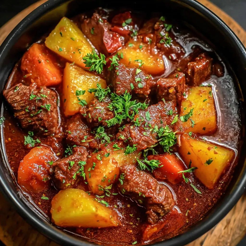 Ein schwarzes Becher mit einer Mischung aus Fleisch, Gemüse und Kartoffeln.