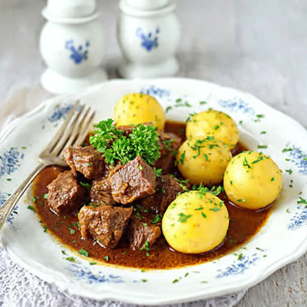 Ein weißer Teller mit einer Mischung aus Fleisch, Kartoffeln und Zwiebeln.