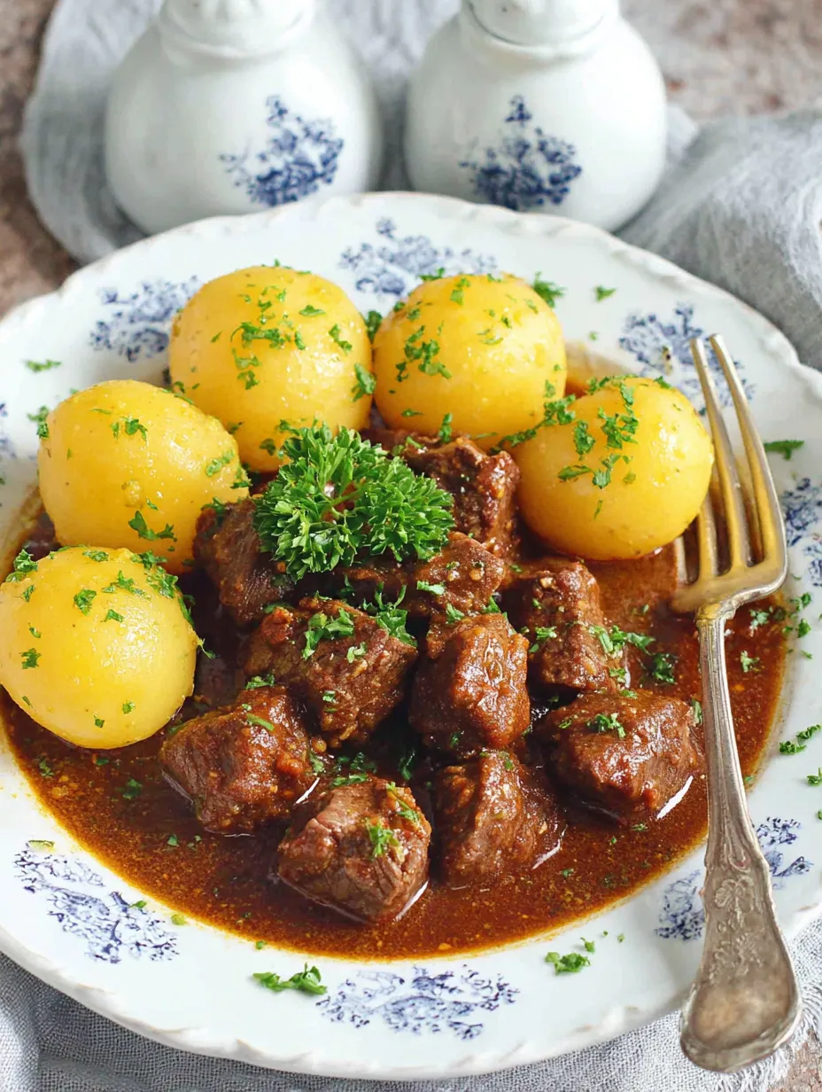 Ein Plate mit gegrilltem Fleisch, Kartoffeln und Zwiebeln.