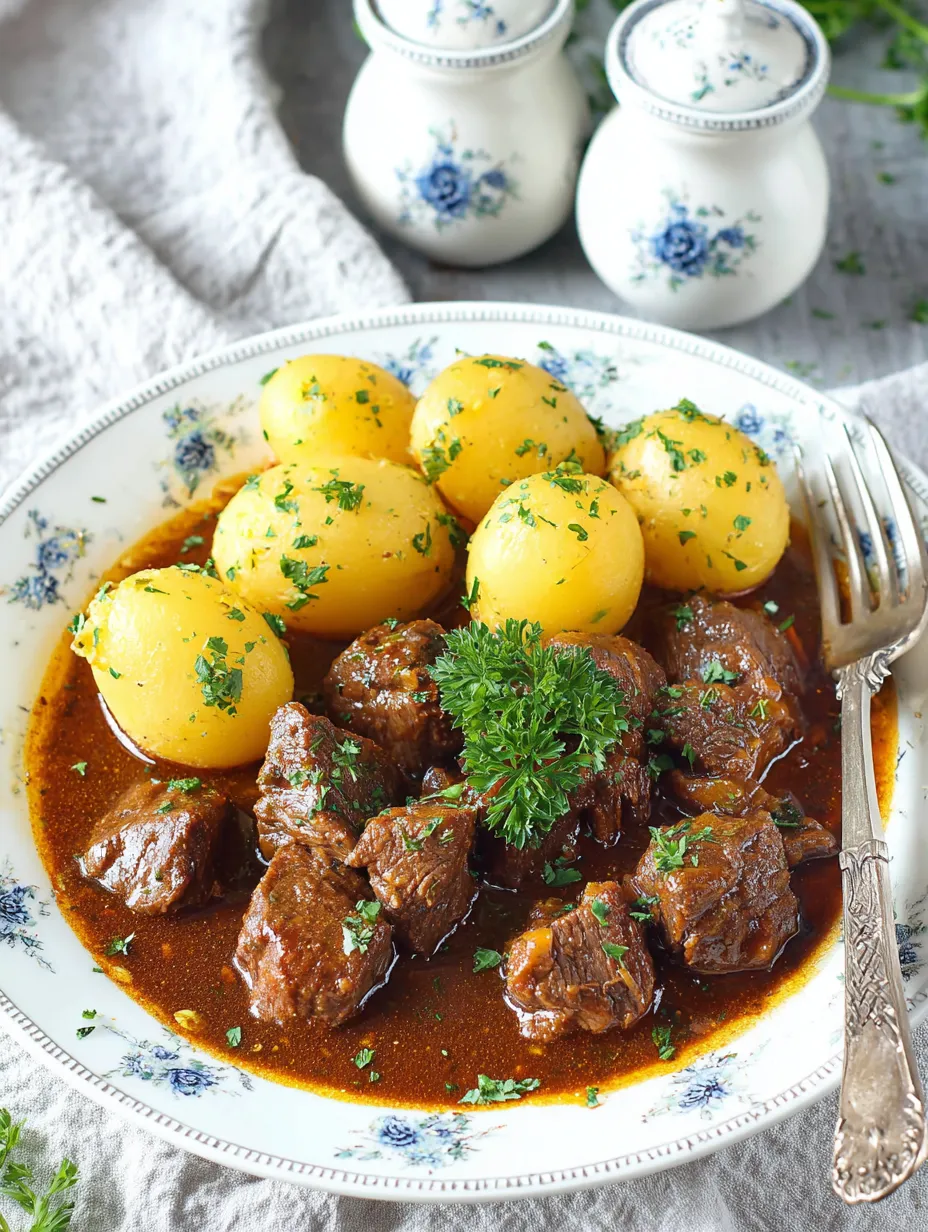 Ein Plate mit gegrilltem Fleisch, gegrillten Kartoffeln und gegrillten Zwiebeln.