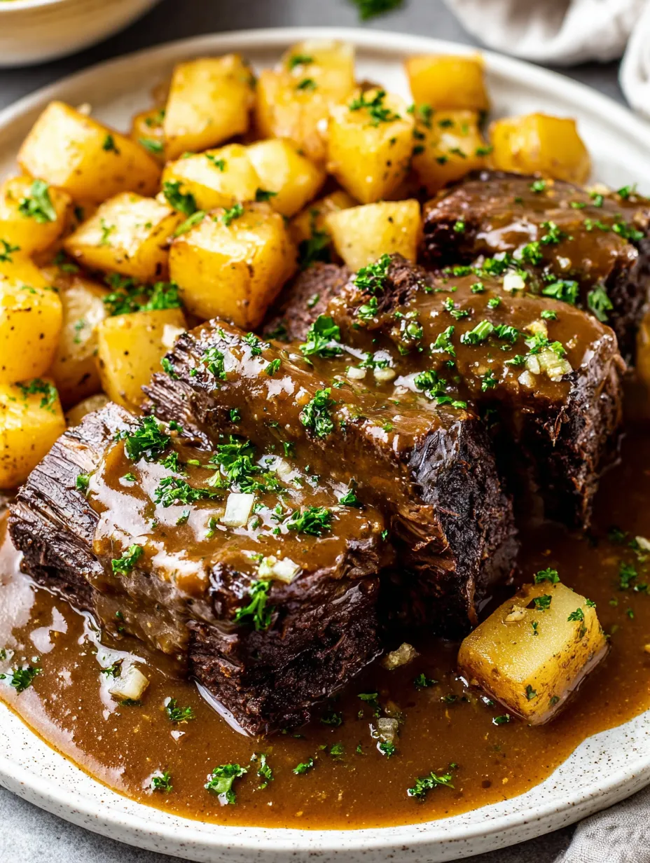 Eine Tafel mit Steak, Kartoffeln und Sauce.