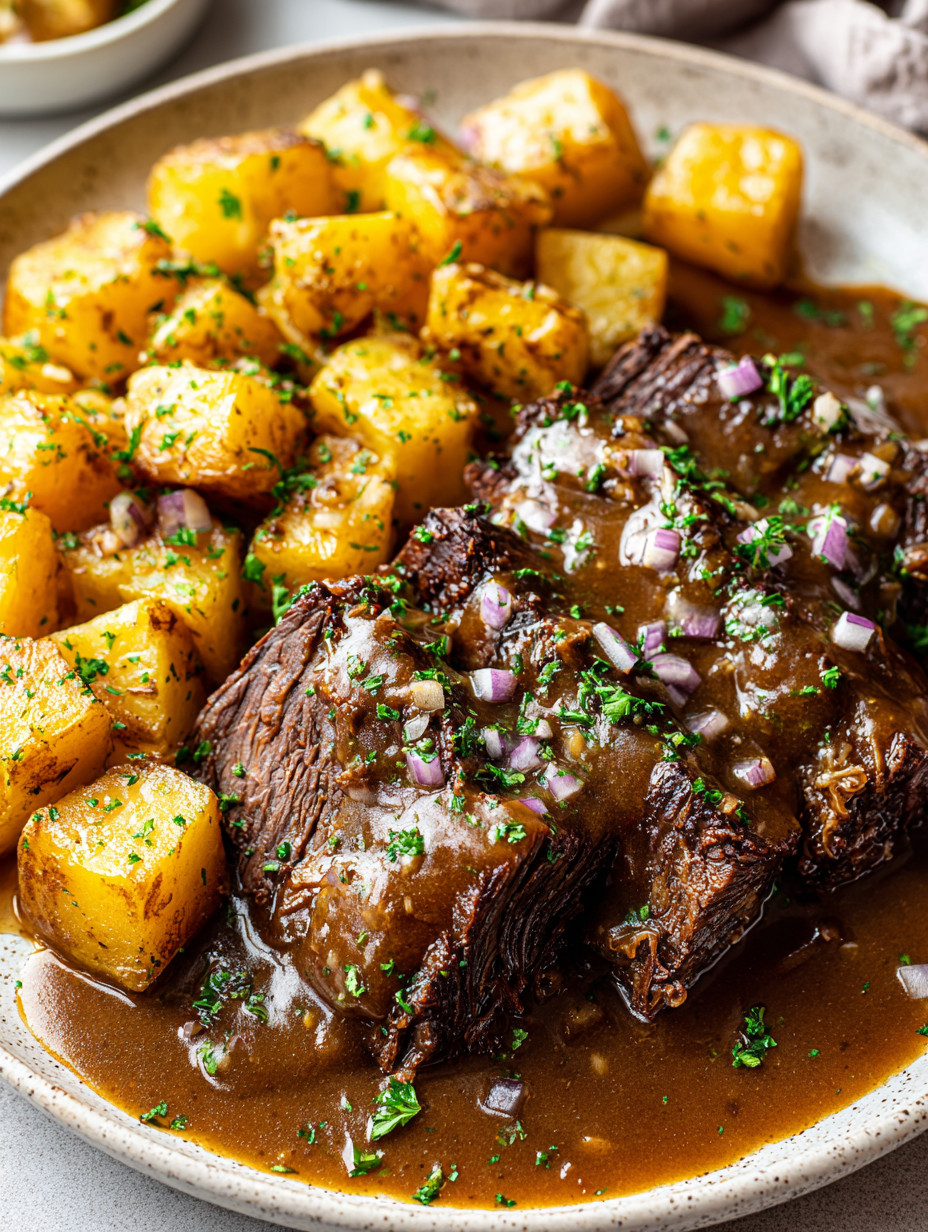 Eine Tafel mit Fleisch, Kartoffeln und Zwiebeln.