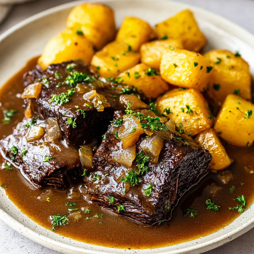 Ein Plate mit Steak, Kartoffeln und Zwiebeln.