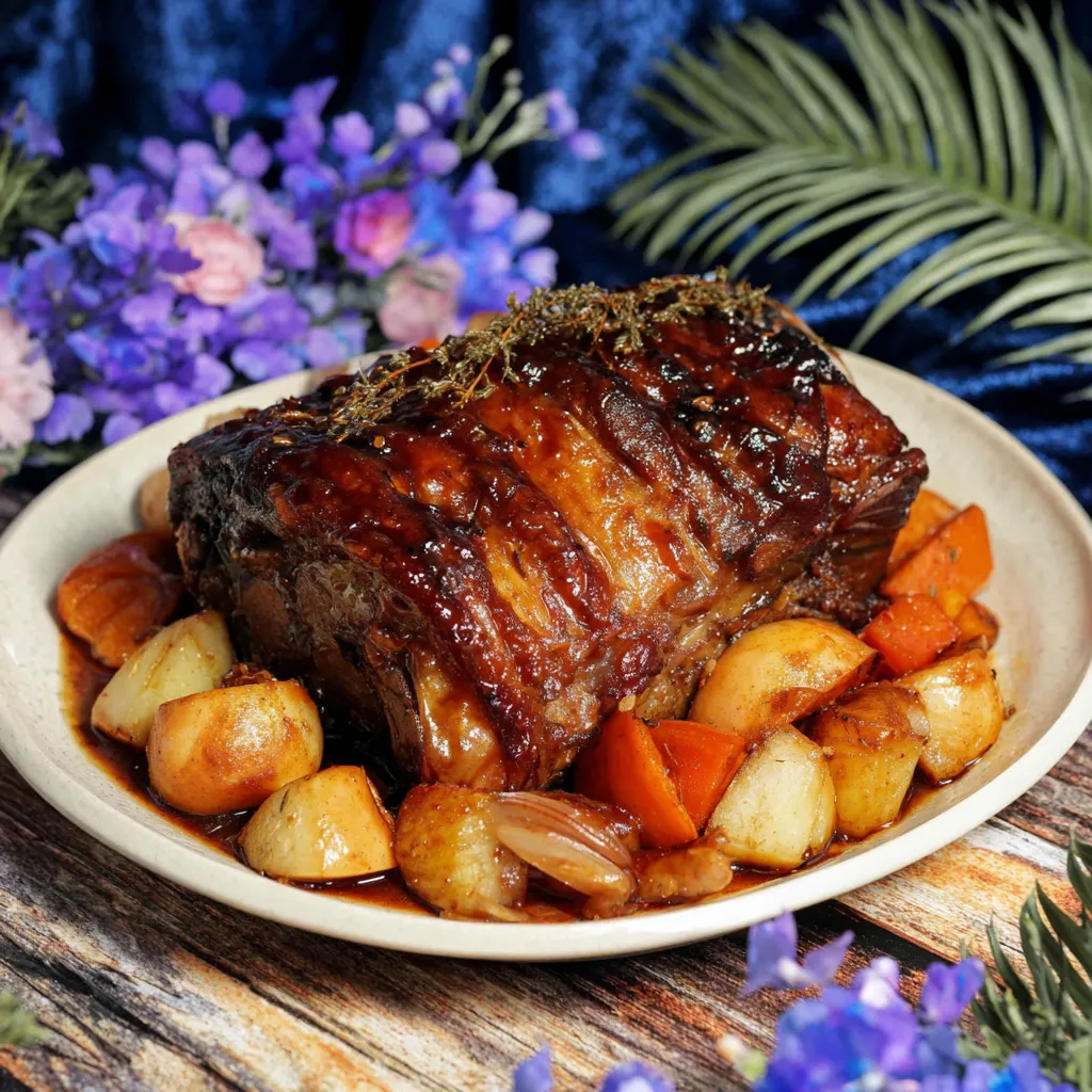 Ein Schinken mit Gewürzen auf einem Teller, umgeben von Blumen.
