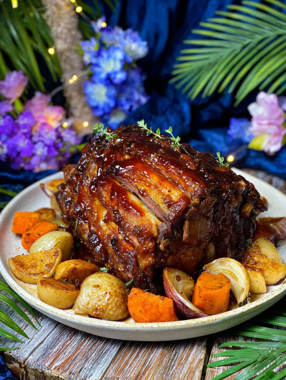 Ein großes Stück Rindfleisch mit Sauce auf einem Teller, umgeben von verschiedenen Gemüsearten wie Karotten, Zwiebeln und Paprika.