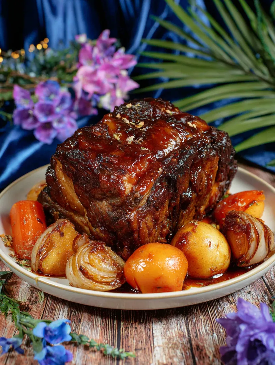 Ein großes Stück Fleisch auf einem Teller, umgeben von verschiedenen Gemüse, darunter Karotten, Zwiebeln und Paprika.