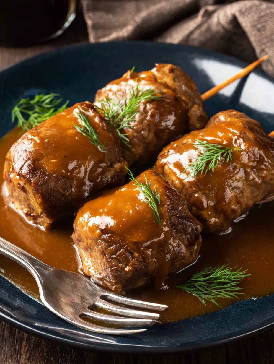 Ein Plate mit gegrillten Fleischstücken, die mit einer Sauce garniert sind.