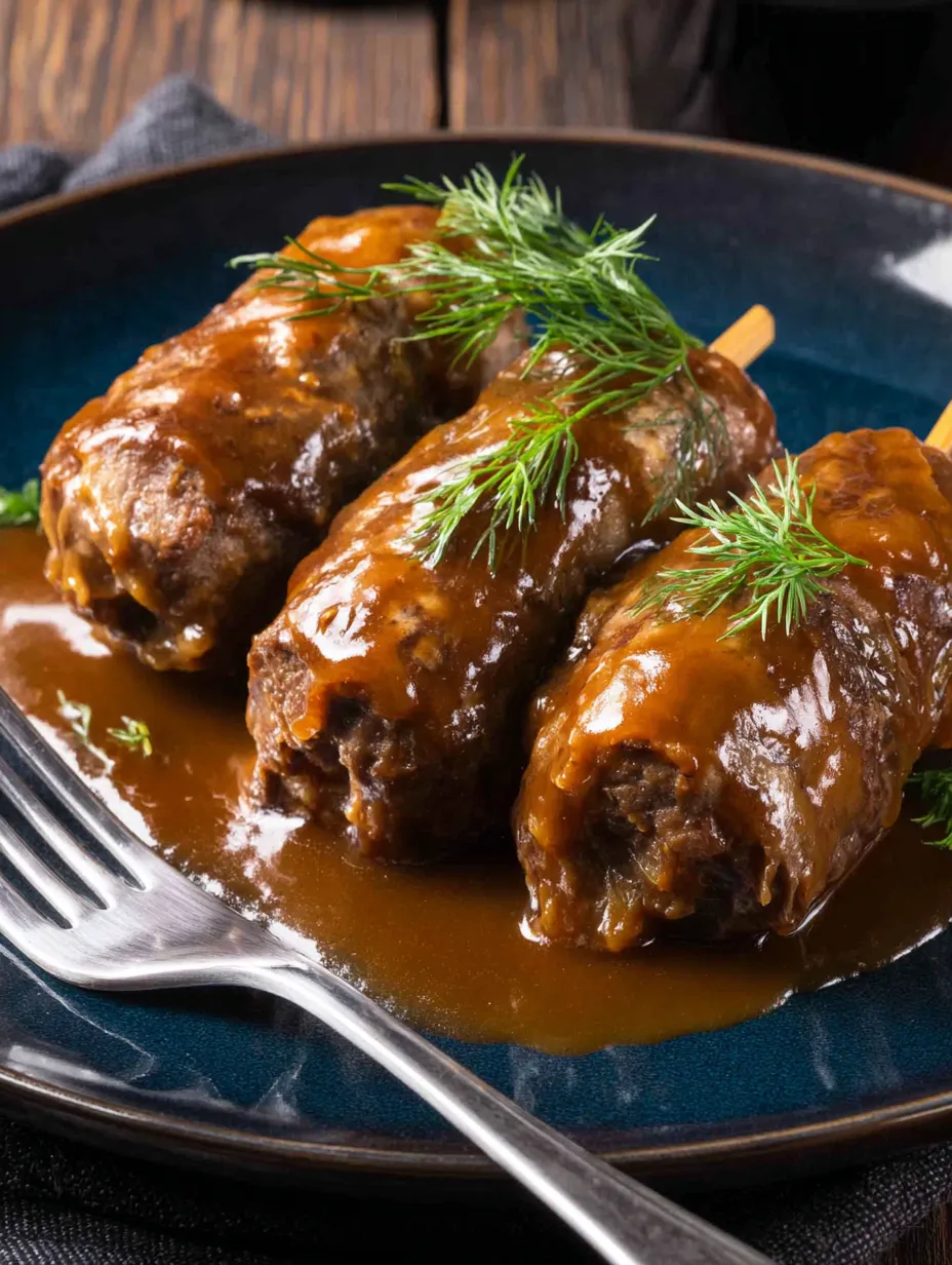 Zwei Stücke Fleisch auf einem Plate, garniert mit Zwiebeln.