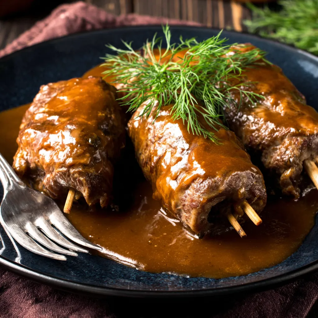 Zwei Stäbchen mit Fleisch auf einem Plate.