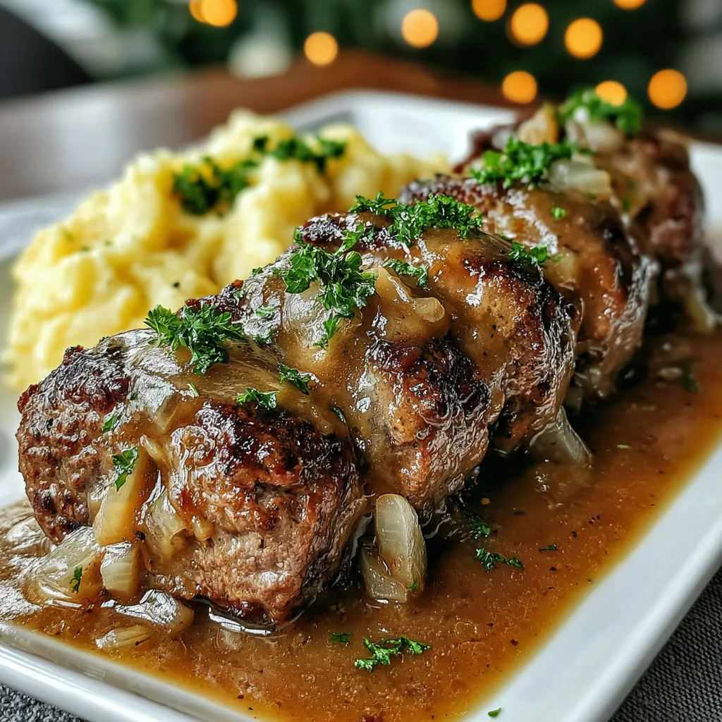 Ein weißer Teller mit einer Portion von Fleisch, das mit Sauce bedeckt ist.