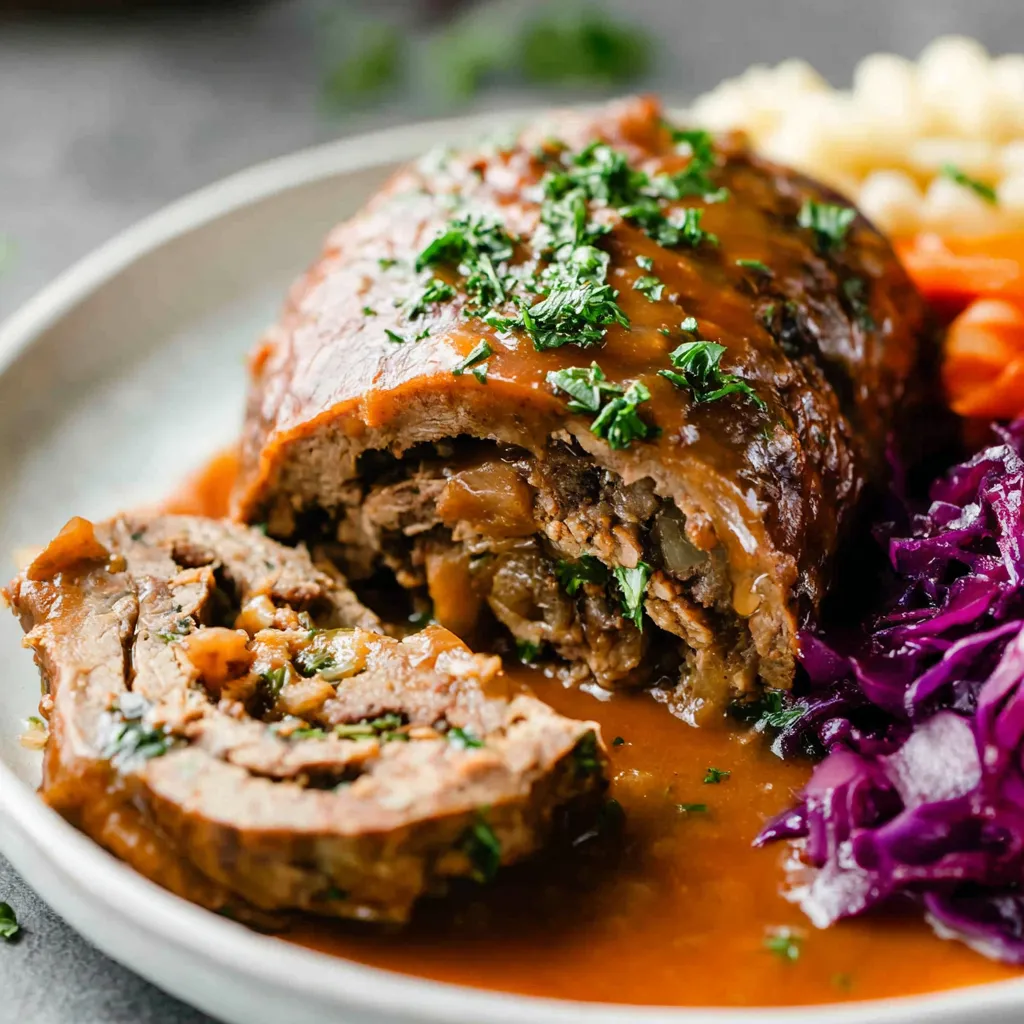 Ein Plate mit einer Wurst, die in eine Kartoffel eingewickelt ist, und einer Sauce.