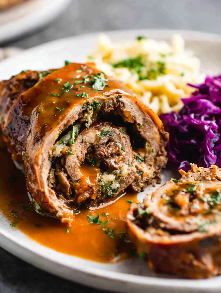 Ein Plate mit einer Wurst, die in eine Bl&auml;tterrolle gewickelt ist, und einer Sauce.