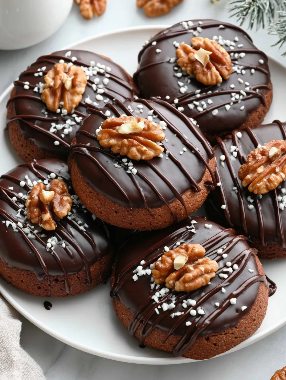 Eine Platte mit sechs Donuts, die mit Schokolade und Walnussstreusel garniert sind.