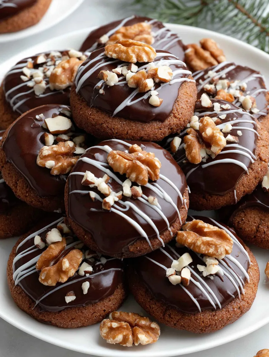 Eine Platte mit Schokoladenkuchen, die mit Walnussstreifen und Schokoladenglasur geschmückt sind.