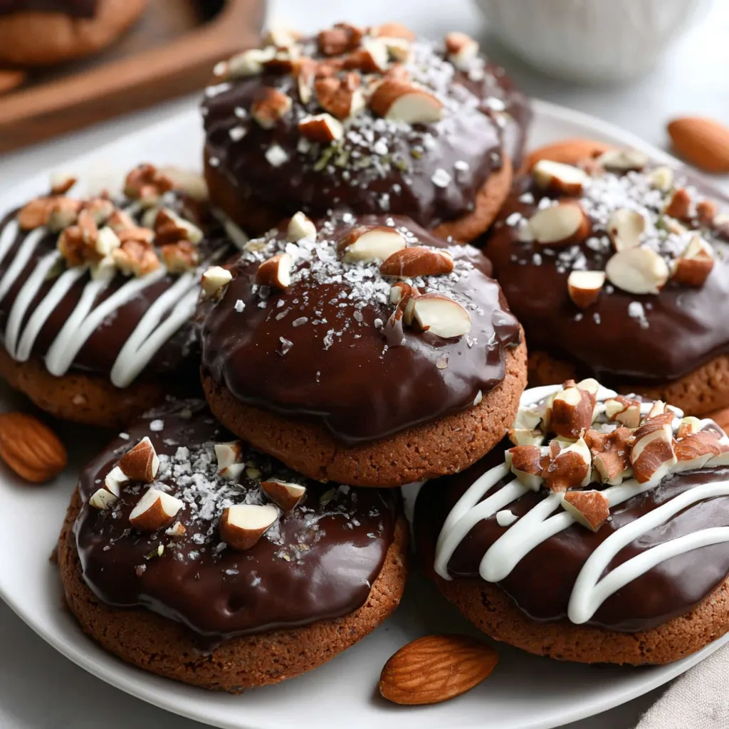 Eine Platte mit sechs Chocolate-Cookies, die mit Walnüssen und Schokoladenglasur garniert sind.
