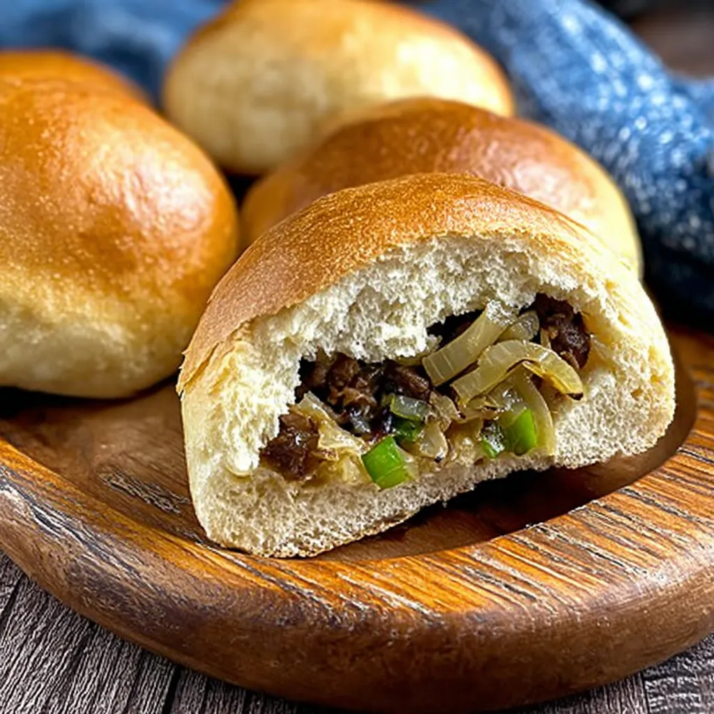 Ein Sandwich mit einer Scheibe von Zwiebel und Käse auf einem Holzbrett.