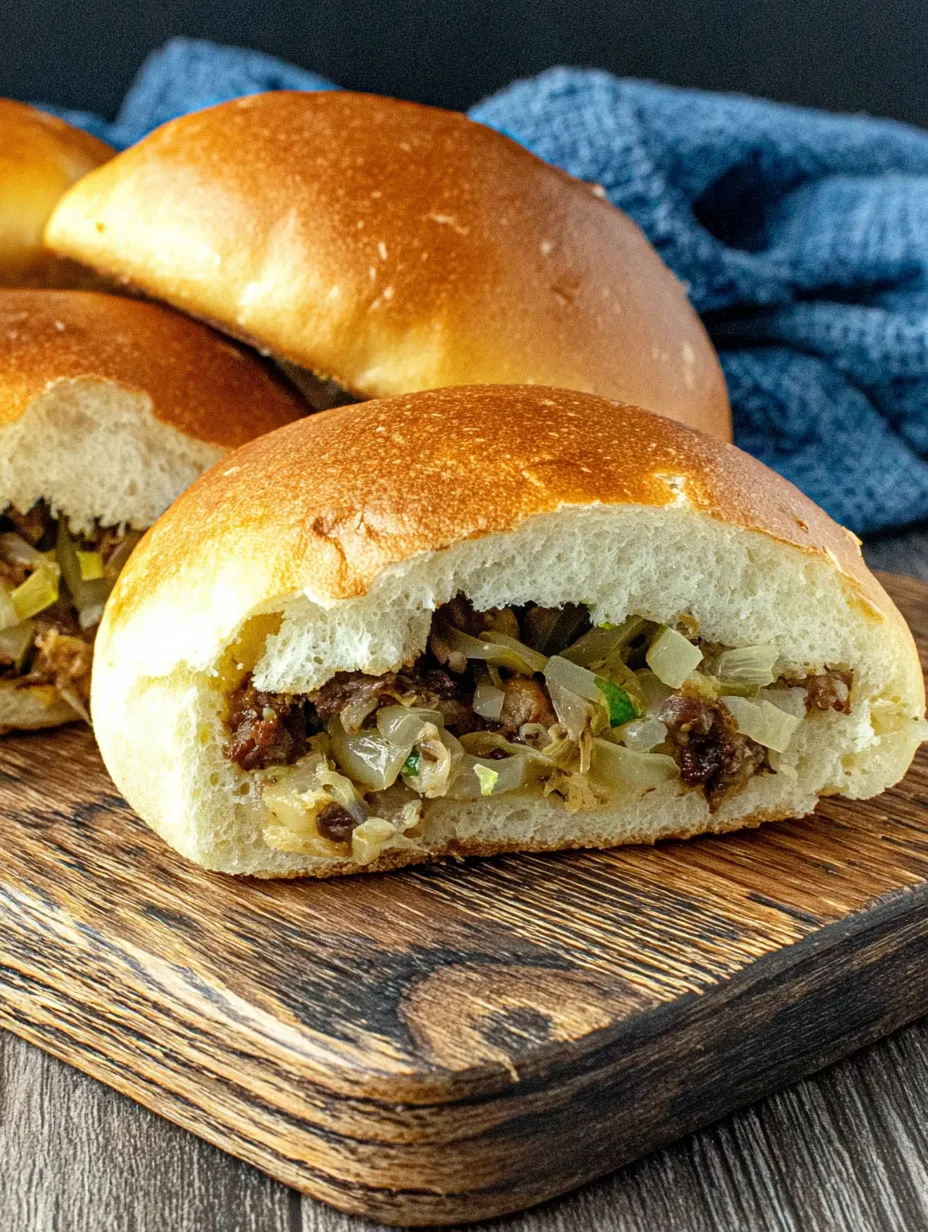 Ein Sandwich mit Kartoffeln und Zwiebeln auf einem Holzbrett.