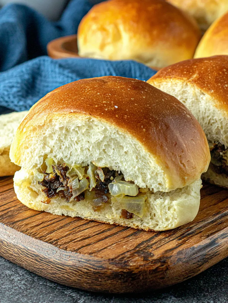 Zwei Brotrollen mit Zwiebel und Fleisch auf einem Holzbrett.