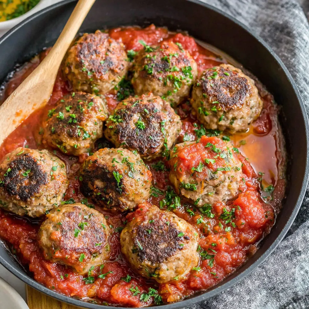 Ein Topf mit einer Mischung aus Sauce und Meatballs.