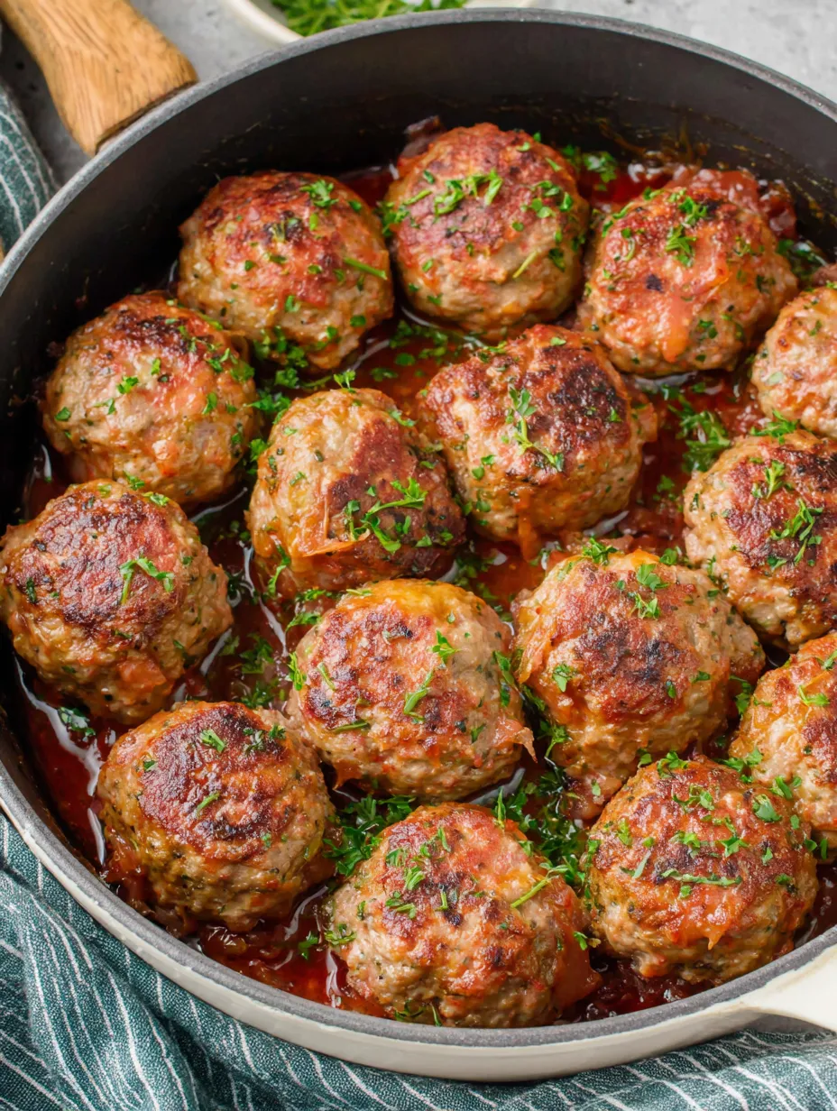 Ein Topf mit einer Mischung aus Fleisch und Sauce, in dem sich viele Fleischballs befinden.