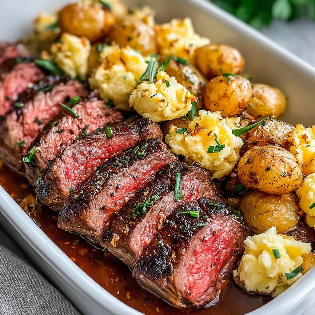 Ein weißer Teller mit einer Mischung aus Fleisch, Kartoffeln, Reis und Käse.