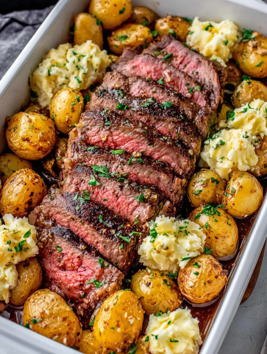 Eine Tafel mit Steak, Kartoffeln und Reis.