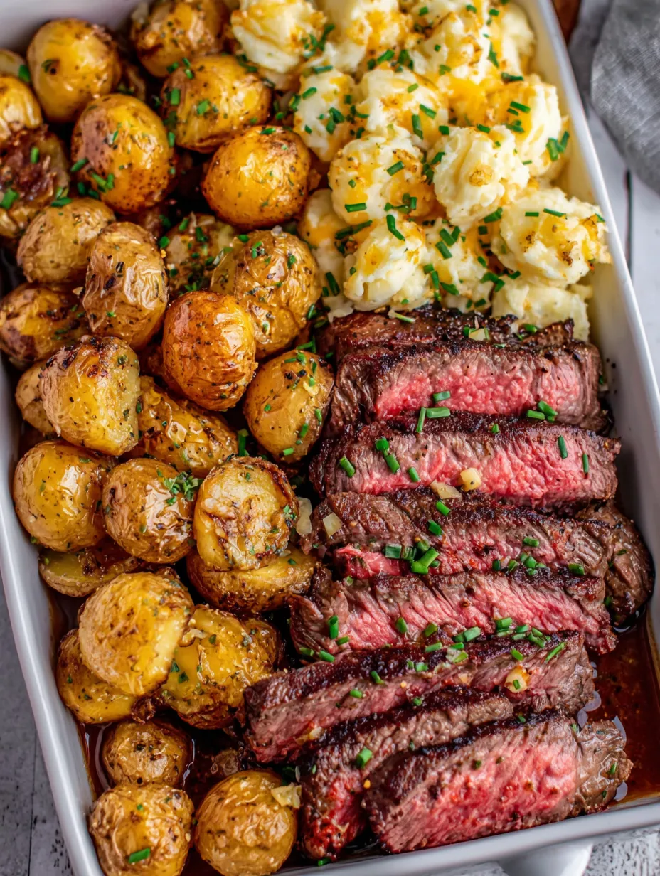 Ein Schüssel mit Steak, Kartoffeln und Kartoffelkichererbsen.