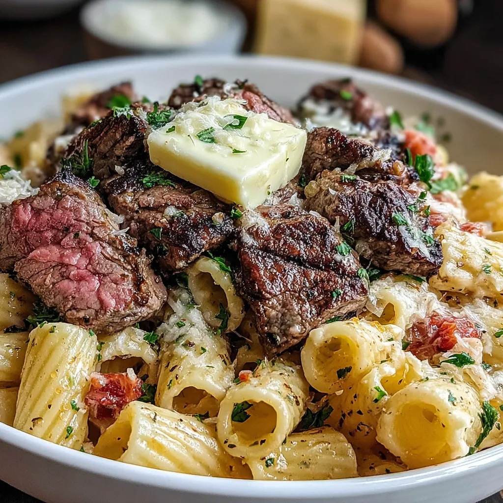 Ein weißer Teller mit Pasta, Käse, Fleisch und Zwiebeln.