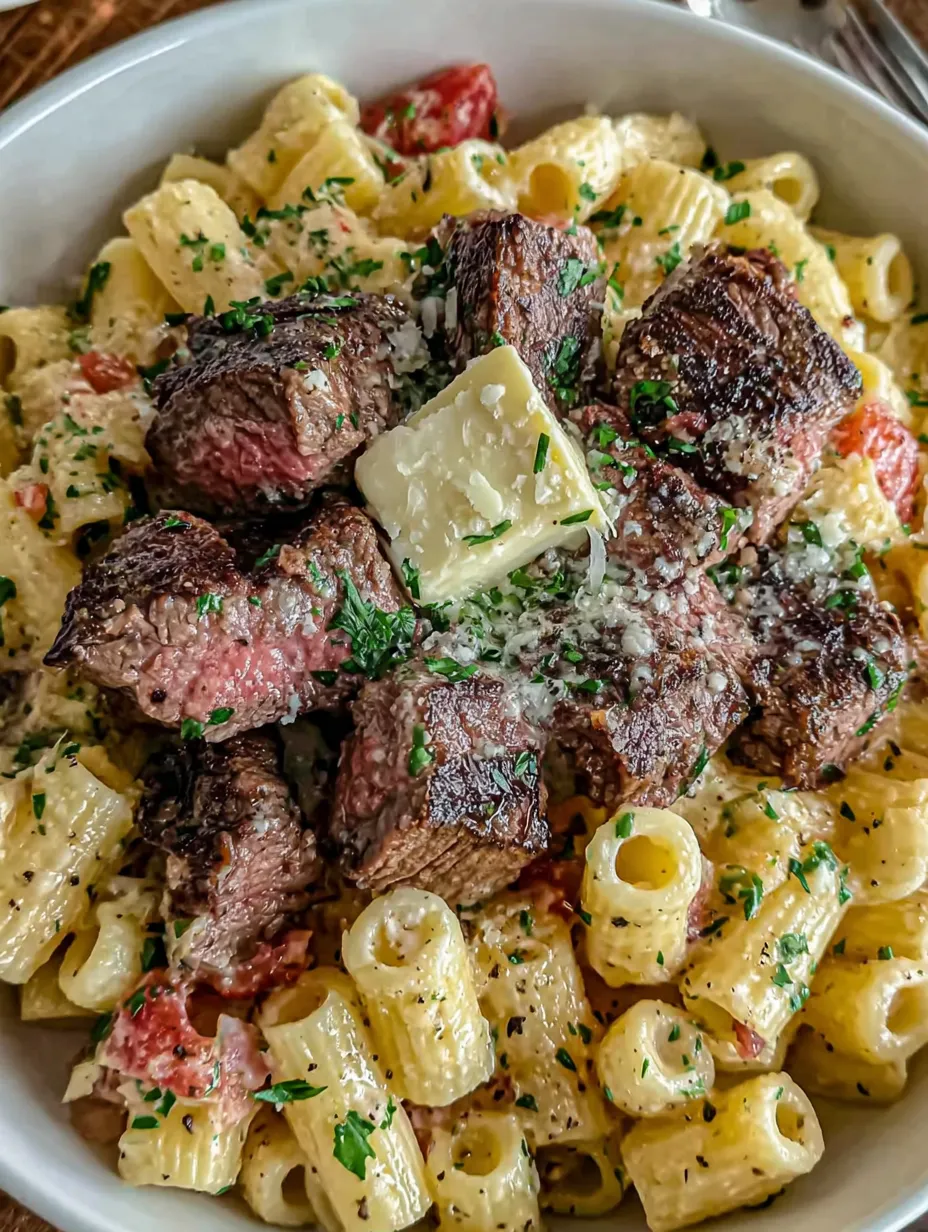 Eine Schüssel mit Pasta, Käse und Fleisch.