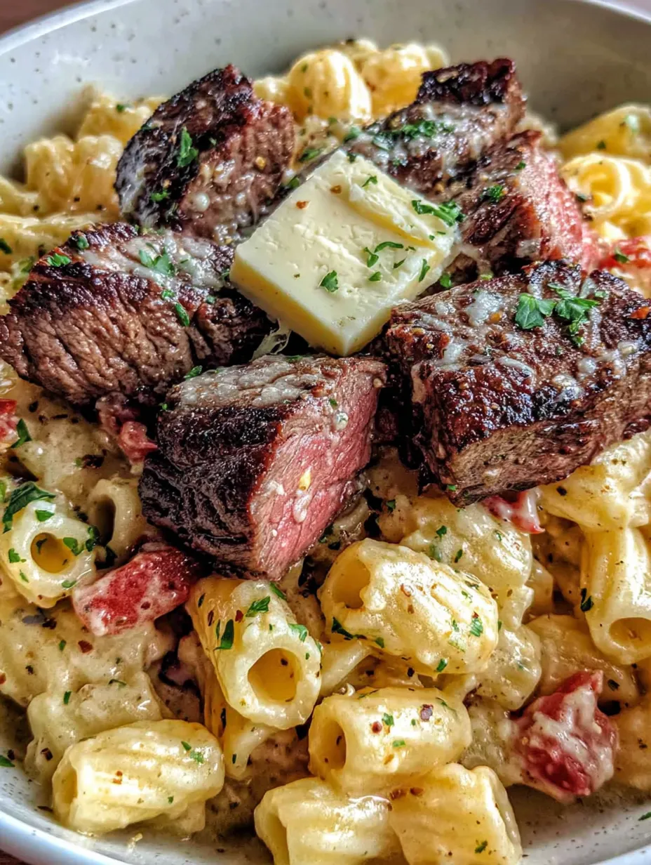 Eine Schüssel mit Pasta, Butter, Zwiebeln und Fleisch.